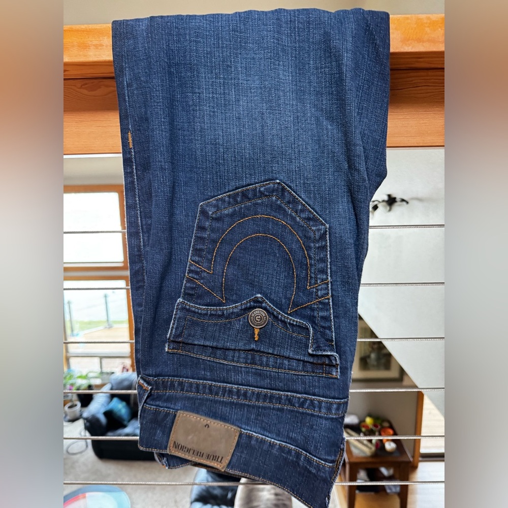 True Religion Dark Blue Denim Jeans with Gold Stitching